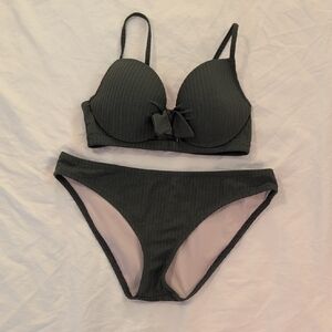 Women's Ribbed Olive Green Bikini Set with Bow Detail